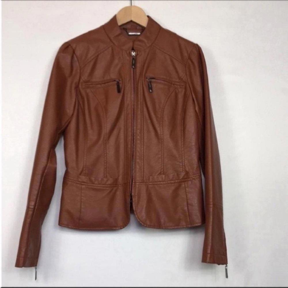 Jou Jou Women’s Faux‎ Leather Zip-Up Moto Jacket Caramel Size M